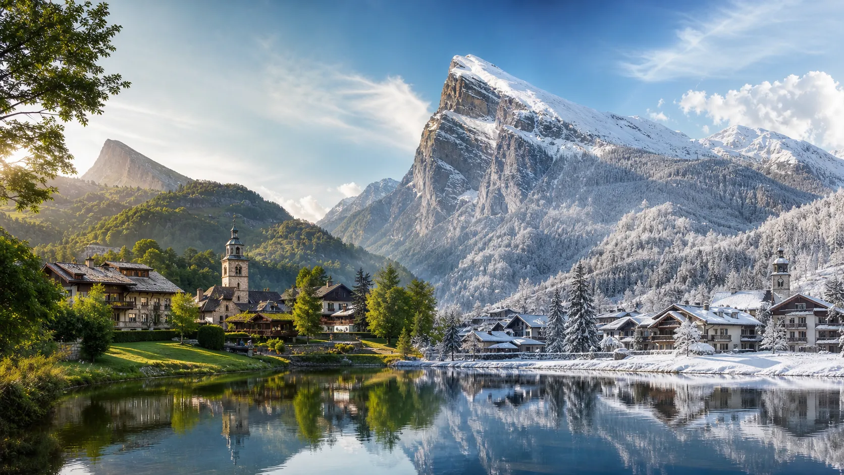 Samoëns et sa vallée, entre été et hiver — vue sur le massif et le village