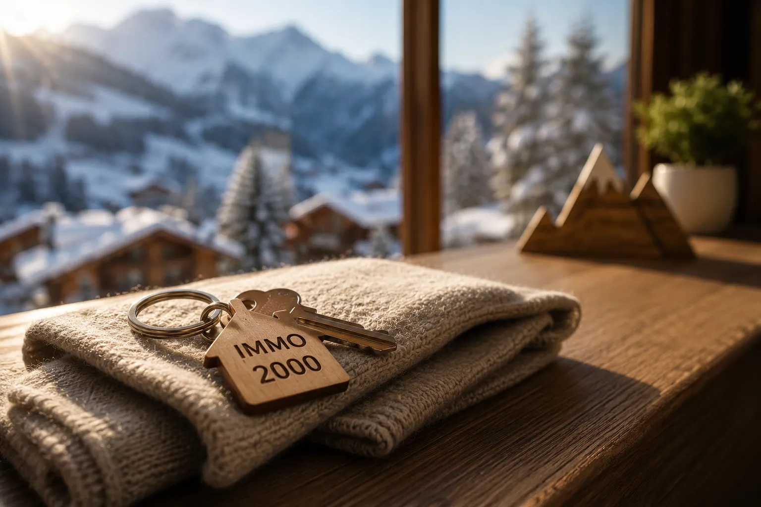 Clés Immo 2000 posées sur du linge de maison, devant les chalets de Samoëns